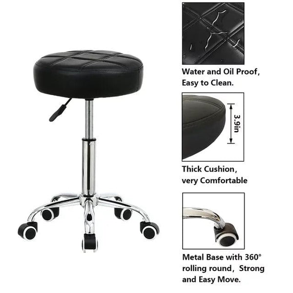 Black PU leather rolling stool chair by Global Star: Adjustable height and comfortable seating for office, salon, or spa.