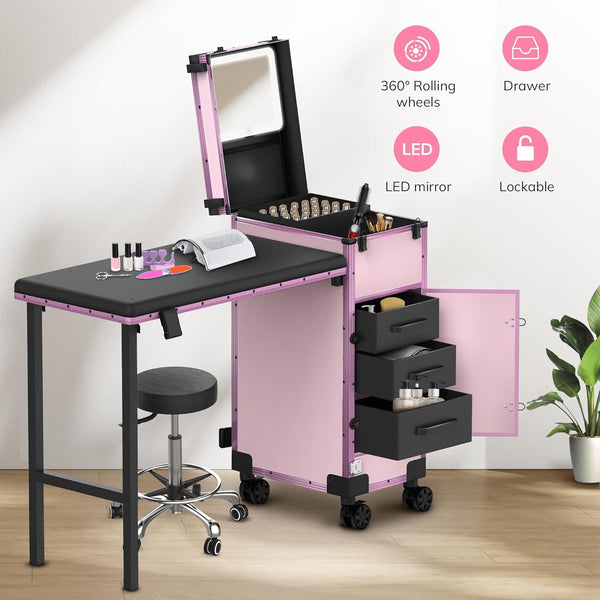 Globlastar Rolling Portable Manicure Table with 2 Drawers, Mirror & Nail Polish Organizer – Mobile Nail Tech Workstation