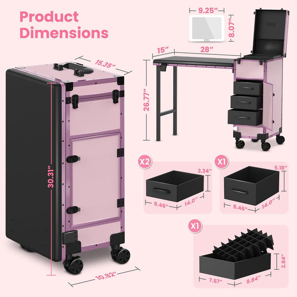 Globlastar Rolling Portable Manicure Table with 2 Drawers, Mirror & Nail Polish Organizer – Mobile Nail Tech Workstation