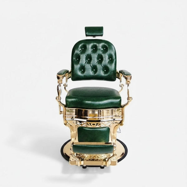 Globalstar BC-2004 Classic Gold Leather Barber Chair – Green Upholstery with Hydraulic Lift & 360° Swivel