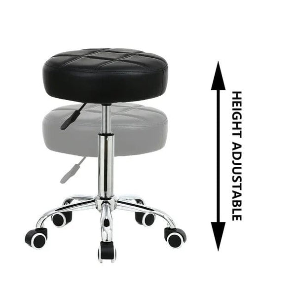 Black PU leather rolling stool chair by Global Star: Adjustable height and comfortable seating for office, salon, or spa.