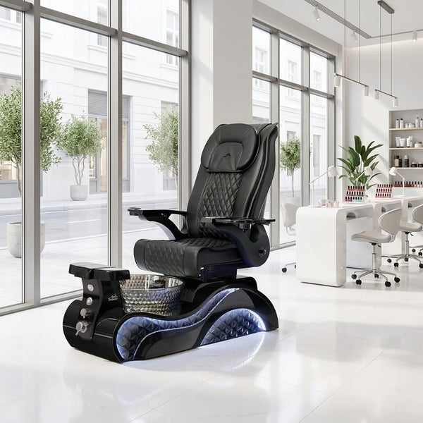 Black pedicure chair in a modern salon setting with large windows and white decor.