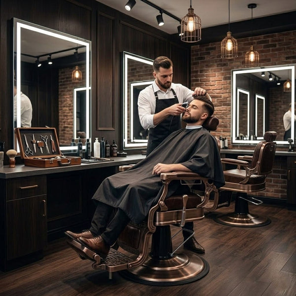 GlobalStar 6611 Professional Barber Chair - Hydraulic Salon Styling Chair with Brown Leather Upholstery & Bronze Base - Heavy Duty Reclining Chair