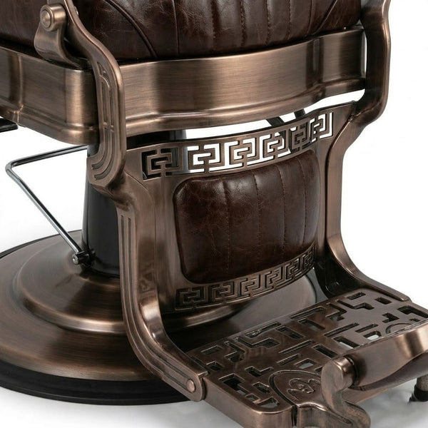 GlobalStar 6611 Professional Barber Chair - Hydraulic Salon Styling Chair with Brown Leather Upholstery & Bronze Base - Heavy Duty Reclining Chair