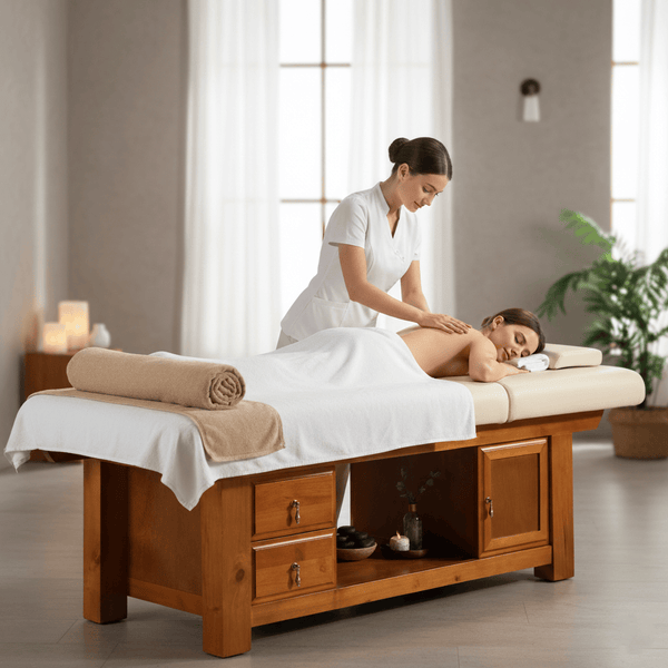 Globalstar Massage Bed with Drawers: Beige Spa Bed for Professional Massage and Therapy