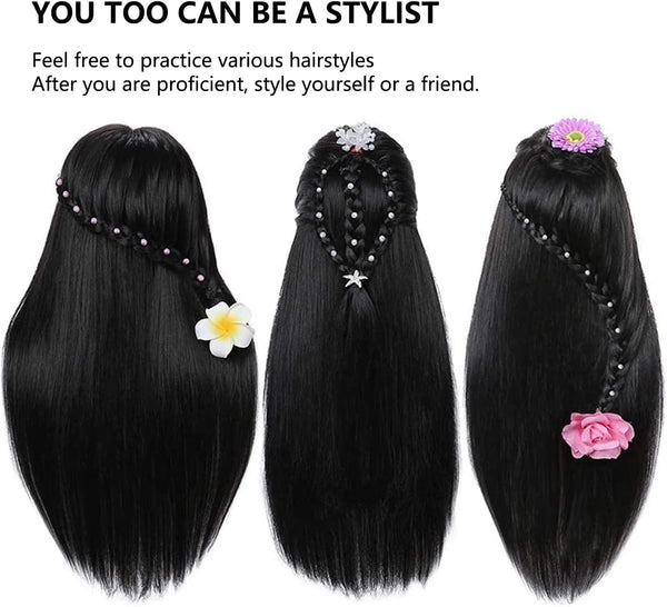 Globalstar 30% Human Hair Mannequin Head with Clamp Holder - 24'' Black, Perfect for Braiding and Hair Styling Practice