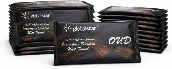 Globalstar OUD Luxurious Scented Wet Towels – Alcohol-Free Individually Wrapped Wipes with Premium Oud Fragrance (Pack of 25, 50, 75 pcs)