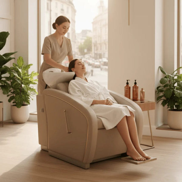 Globalstar Professional Beige Salon Shampoo Bed – Adjustable Ceramic Basin & High-Density Sponge