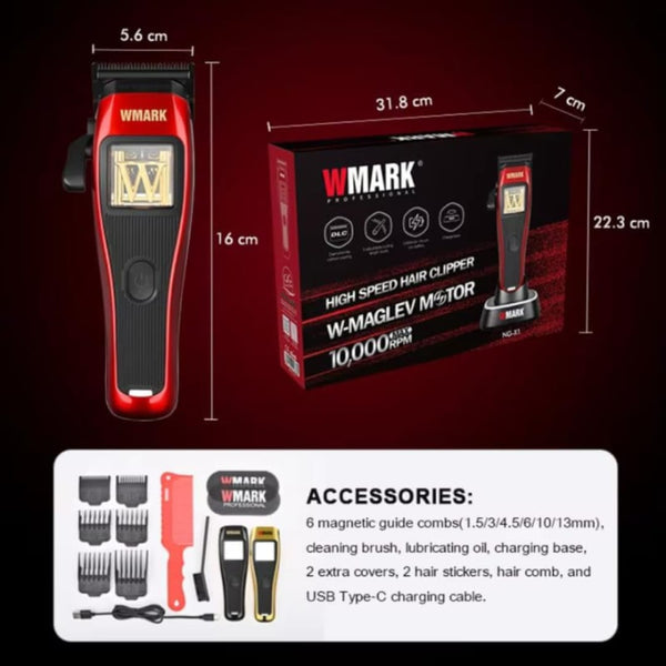 WMARK NG-X1 Professional Hair Clipper 10000 RPM Maglev Motor DLC Blade - Zero Gap Fade Clipper with 6 Combs