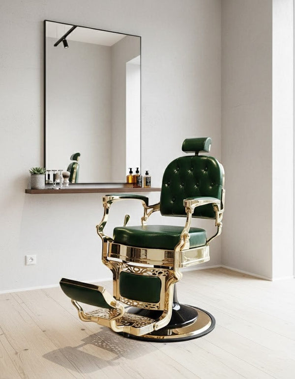 Globalstar BC-2004 Classic Gold Leather Barber Chair – Green Upholstery with Hydraulic Lift & 360° Swivel