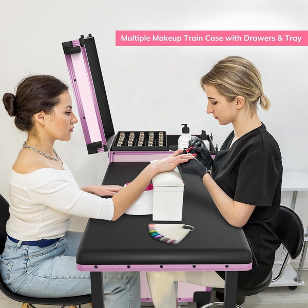 Globlastar Rolling Portable Manicure Table with 2 Drawers, Mirror & Nail Polish Organizer – Mobile Nail Tech Workstation