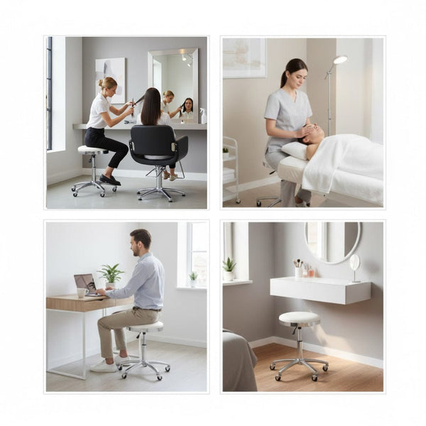 Globalstar Salon Stool Chair TB-3017 – Adjustable White & Black Rolling Stool for Spa, Salon, Multi-Use