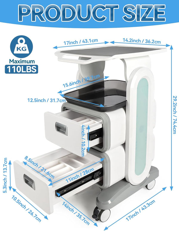 Globlastar Multi-Use Medical & Salon Trolley Cart with 2 Drawers – ABS Professional Rolling Utility Cart for Spa, Clinic, Hospital & Office