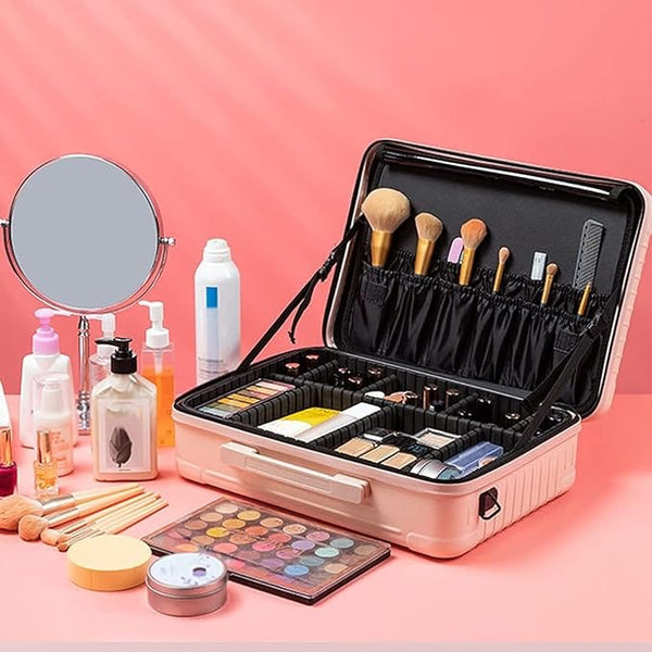 Globalstar Professional Black Makeup Train Case: Sleek Portable Organizer for Makeup Artists and Beauty Enthusiasts