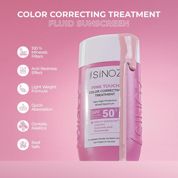 Sinoz Pink Touch Color Correcting Treatment SPF 50+ – Redness Reducer & Skin Tone Equalizer, 50ml