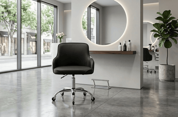 Globlastar ST262G Adjustable Salon Rolling Chair Black – Cushioned Beauty Chair with Armrests Chrome Base