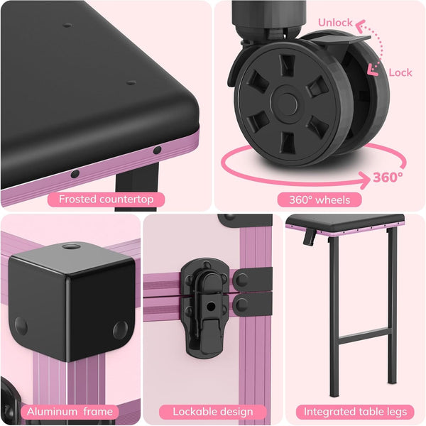 Globlastar Rolling Portable Manicure Table with 2 Drawers, Mirror & Nail Polish Organizer – Mobile Nail Tech Workstation