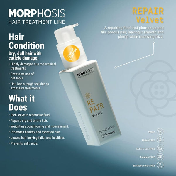Framesi Morphosis Repair Velvet 3.4 fl oz/ 100ml – Leave-In Conditioner with Camellia Oil & Hyaluronic Acid for Damaged Hair