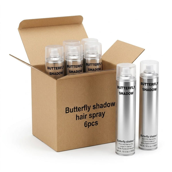 Box of Butterfly Shadow hair spray with multiple bottles displayed in front.