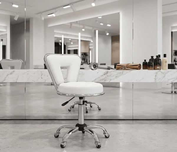 Globalstar 3015-KB White Leather Salon Stool – Adjustable Hydraulic Rolling Chair with Chrome Base