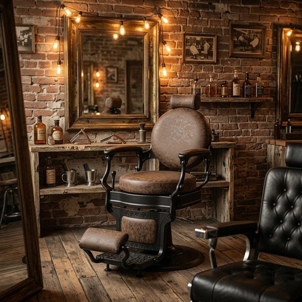 Globalstar Brown Barber Chair with Black Frame – Premium Leather, 360° Swivel & Reclining Salon Chair