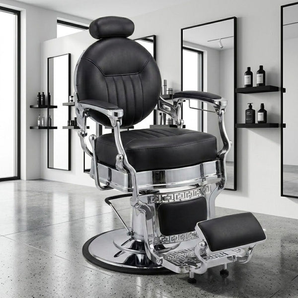 GlobalStar 4818 Professional Barber Chair - Premium Black Leather Hydraulic Salon Chair with Polished Chrome Frame - Heavy Duty Styling Chair