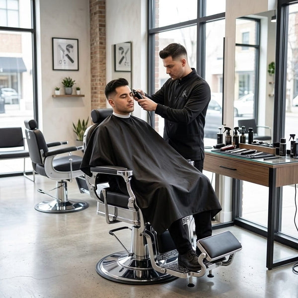 GlobalStar 4818 Professional Barber Chair - Premium Black Leather Hydraulic Salon Chair with Polished Chrome Frame - Heavy Duty Styling Chair