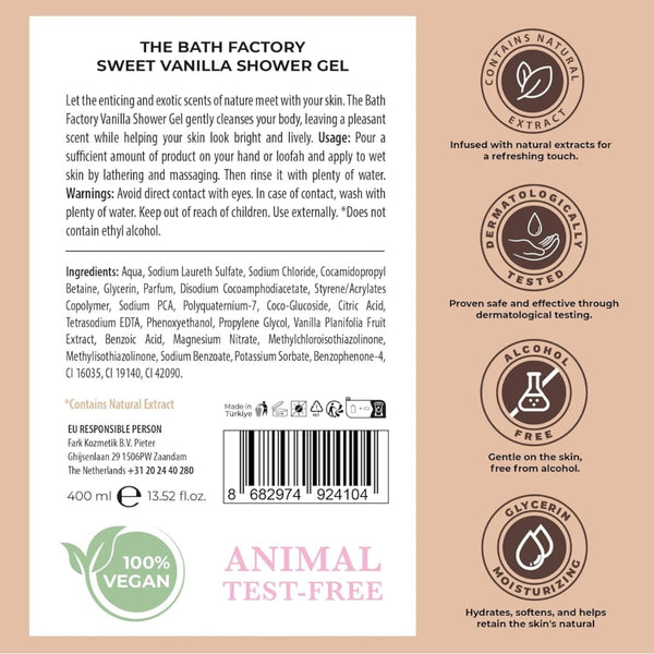 The Bath Factory Sweet Vanilla Shower Gel – Gentle Cleansing & Nourishing, 400ml