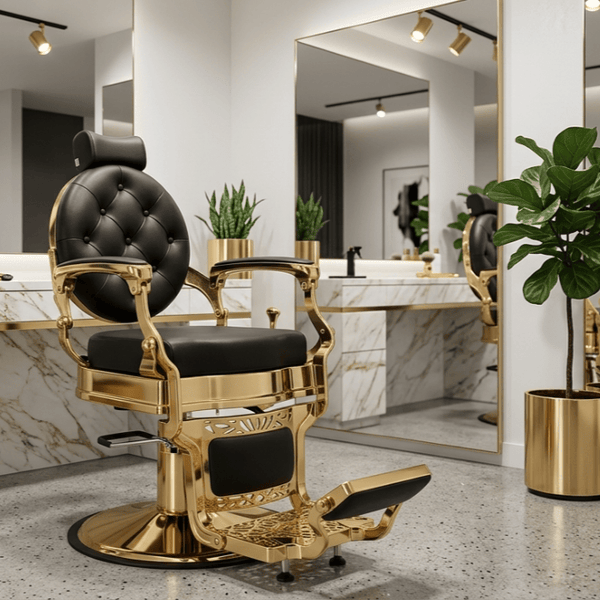 Globalstar BX-2009 Luxury Barber Chair – Black Leather Button-Tufted Salon Chair with Gold Frame