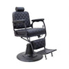 Black barber chair with quilted design on a white background