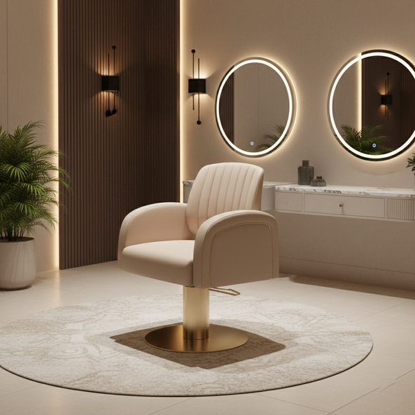 Globalstar Beige Hairdressing Chair – Adjustable Salon Styling Chair with Ergonomic Design and Gold Base