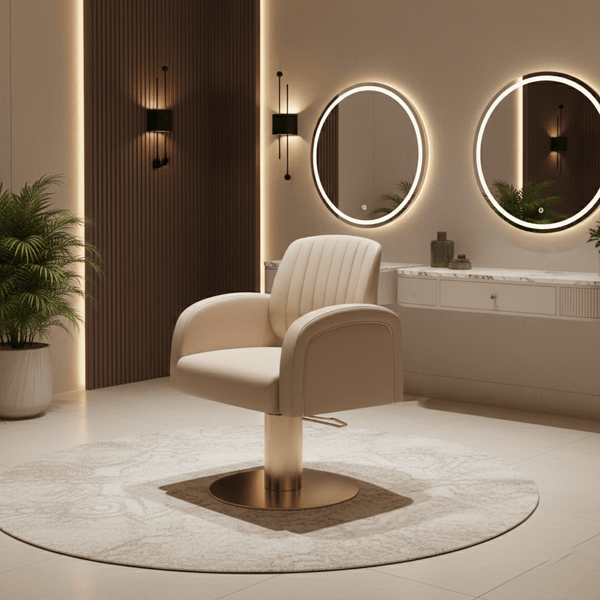 Globalstar Beige Hairdressing Chair – Adjustable Salon Styling Chair with Ergonomic Design and Gold Base