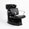 Globalstar 4014 shampoo chair infographic showing premium PU leather upholstery, ergonomic curved backrest and stainless steel chrome armrests on black ceramic basin unit