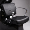 Close-up of Globalstar 4014 shampoo chair premium black PU leather seat and backrest with polished stainless steel chrome armrests