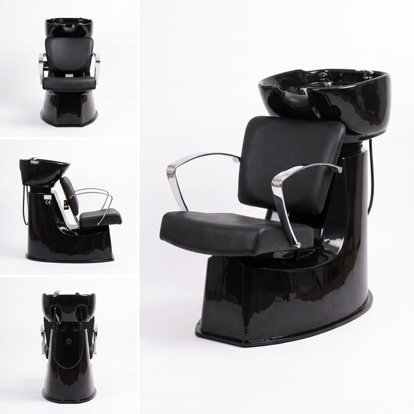 Globalstar 4014 professional shampoo chair clean product shot on white background showing full unit with black ceramic basin and chrome tap