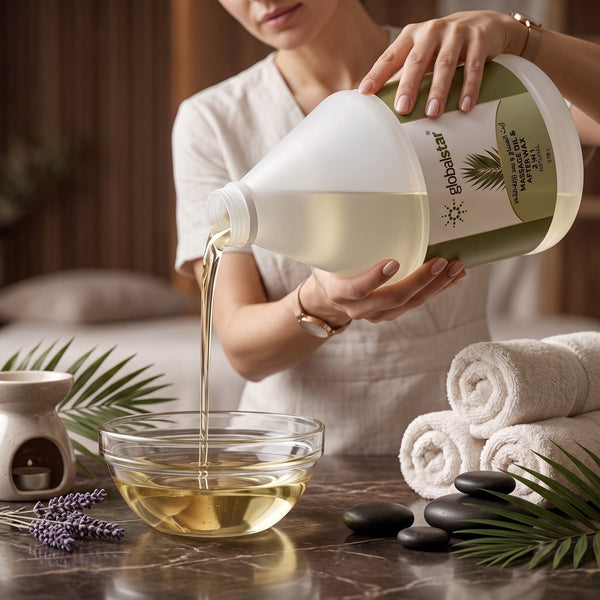 Globalstar Natural Massage Oil After Wax 2-in-1 3.78L marble flat lay with hot stones, wooden gua sha tools, gold dropper serum, white roses and eucalyptus