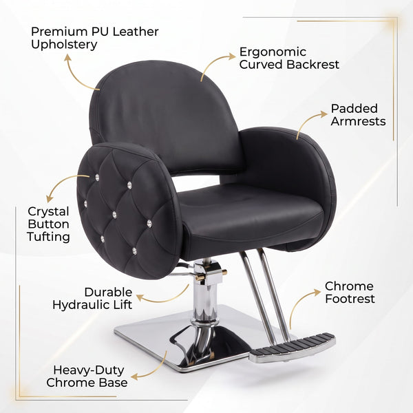 Globalstar BX-3010 premium black leather ladies salon chair clean product shot on white background showing full chair profile with chrome base and footrest