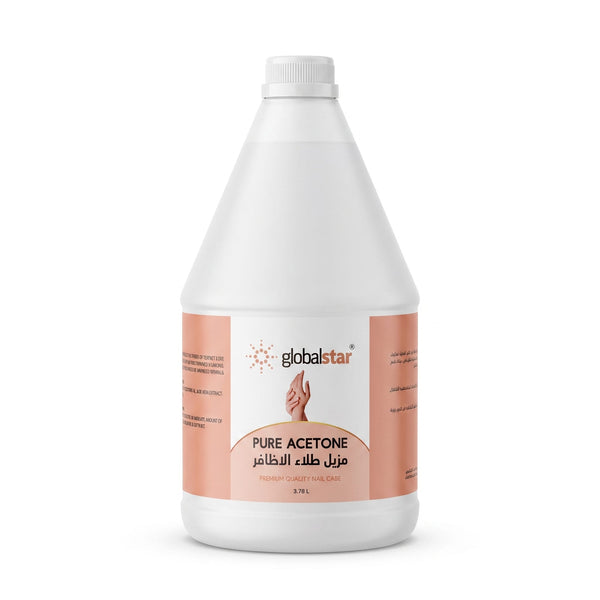 Globalstar Pure Acetone 3.78L on warm-toned nail salon station with cotton pads, nail files, cuticle pushers, dropper serum and full nail polish display shelves in background