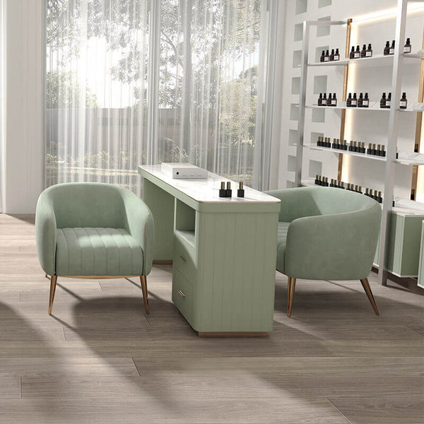 Globalstar Green Manicure Table Set – Single Seat with Two Chairs, Sintered Stone Top, USB Charger and Storage