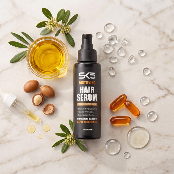 SK5 Fortifying Hair Serum 120ml flat lay with argan nuts, Vitamin E capsules and natural ingredients on marble surface