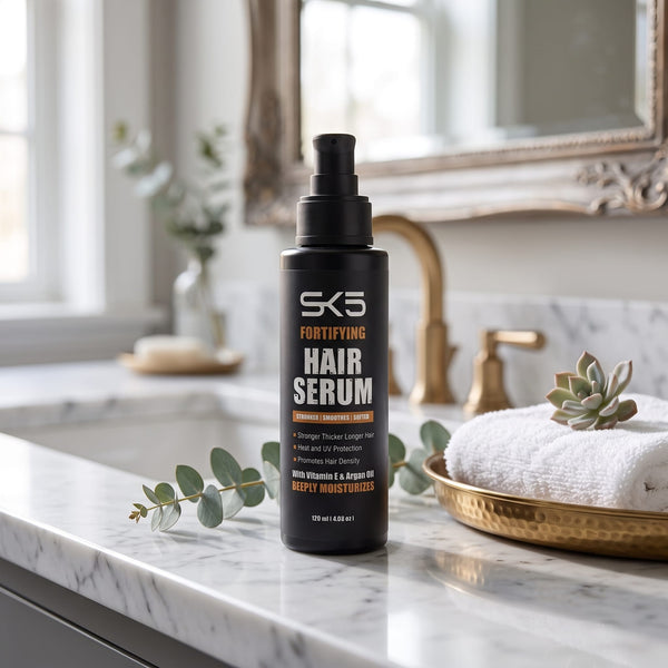 SK5 Fortifying Hair Serum 120ml bottle on marble bathroom counter with eucalyptus and white towel