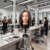 Stylist blow-drying and round-brush styling Globalstar 613/4 mannequin training head 60cm at luxury salon station with LED mirror