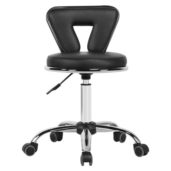 Global Star Lab Stool: Adjustable height with wheels, black back support. Ideal for spa, office, and salon use.pen_spark