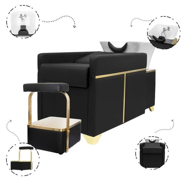 Black & Gold Luxury Shampoo Bed by Global Star: Comfortable shampoo bed with white basin.pen_spark