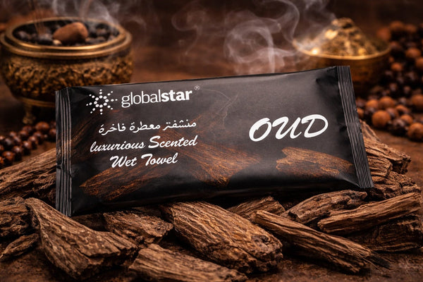 Globalstar OUD Luxurious Scented Wet Towels – Alcohol-Free Individually Wrapped Wipes with Premium Oud Fragrance (Pack of 25, 50, 75 pcs)