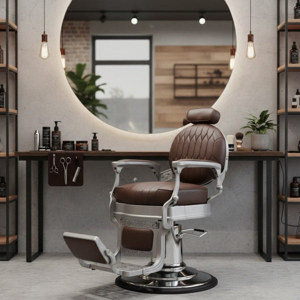 Globalstar DY-5343 Brown Barber Chair – Soft Leather with 360° Swivel & Solid Silver Steel Base