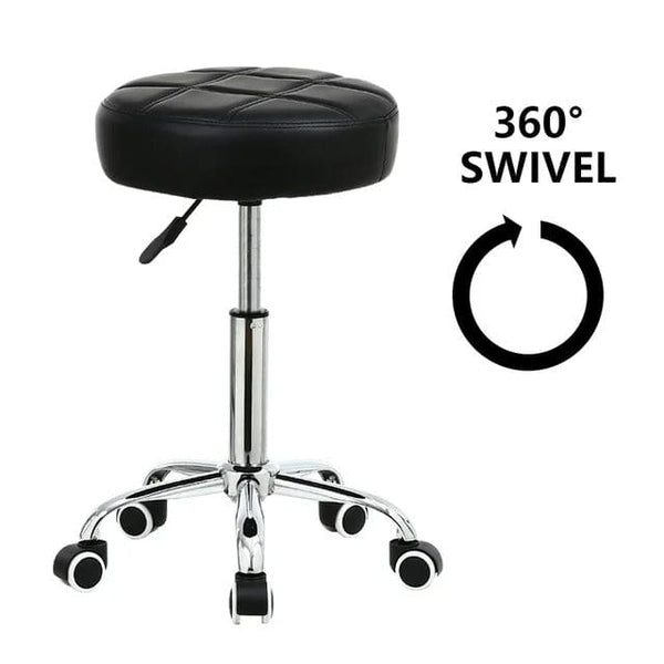 Black PU leather rolling stool chair by Global Star: Adjustable height and comfortable seating for office, salon, or spa.