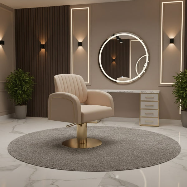 Globalstar Beige Hairdressing Chair – Adjustable Salon Styling Chair with Ergonomic Design and Gold Base