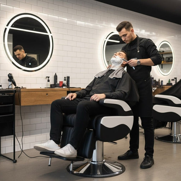 Globalstar Black and White Men’s Barber Chair – Professional Reclining Hydraulic Salon Chair