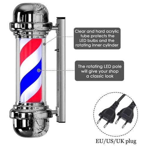 Globalstar 72cm Classic Barber Pole Light - Silver Red White Blue Stripes, Iconic Barber Shop Decor